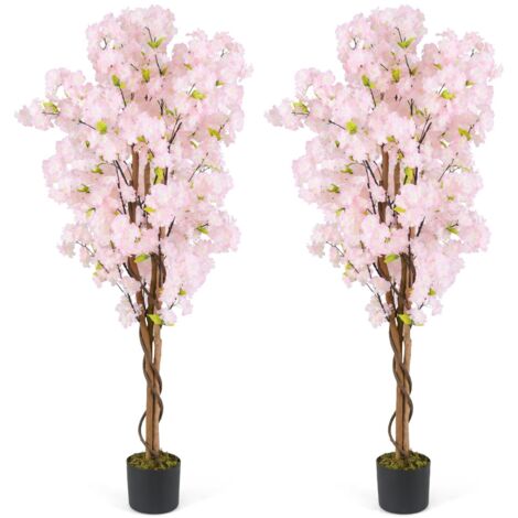 COSTWAY 2 Alberi di Ciliegio Artificiale 150 cm, Set di 2 Piante Finte in Vaso da Vivai con Fiori Rosa e Foglie Verdi, Piante Decorative per Casa, Ufficio e Negozio