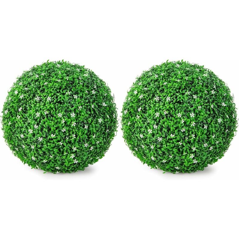 2 Boules de Houx Artificielles 49 cm Résistantes aux uv, Plantes en Boules de Buis avec Fleurs Blanches, Décoratives pour Intérieur Extérieur de