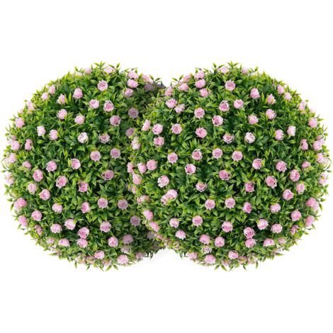 COSTWAY 2 Boules Topiaires Artificielles 37 cm avec des Fleurs Rose, Plantes de Faux en Boules à Suspendre ou Poser, Sphère de Jardin Décoratives pour Intérieur Extérieur de Balcon Jardin