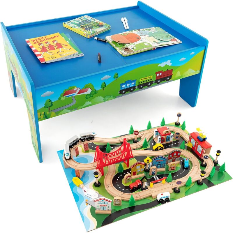 Costway - 2 en 1 80PCS Table Circuit de Train en Bois avec Plateau Réversible, Table Enfants avec Apparence Colorée, Coins Arrondis, Table de Jeux