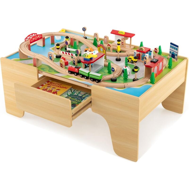 Costway - 2 en 1 84 pcs Table Circuit de Train en Bois avec Plateau Réversible, Table Enfants avec Tiroir, Coins Arrondis, Table de Jeux Train pour