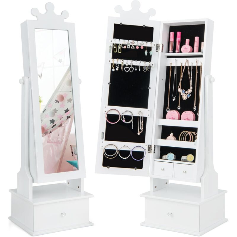Costway - 2 en 1 Armoire à Bijoux Enfants avec Miroir, Organisateur à Bijoux en Forme Couronne avec 3 Tiroirs, 2 Angles d'Inclinaison(90°/94°),