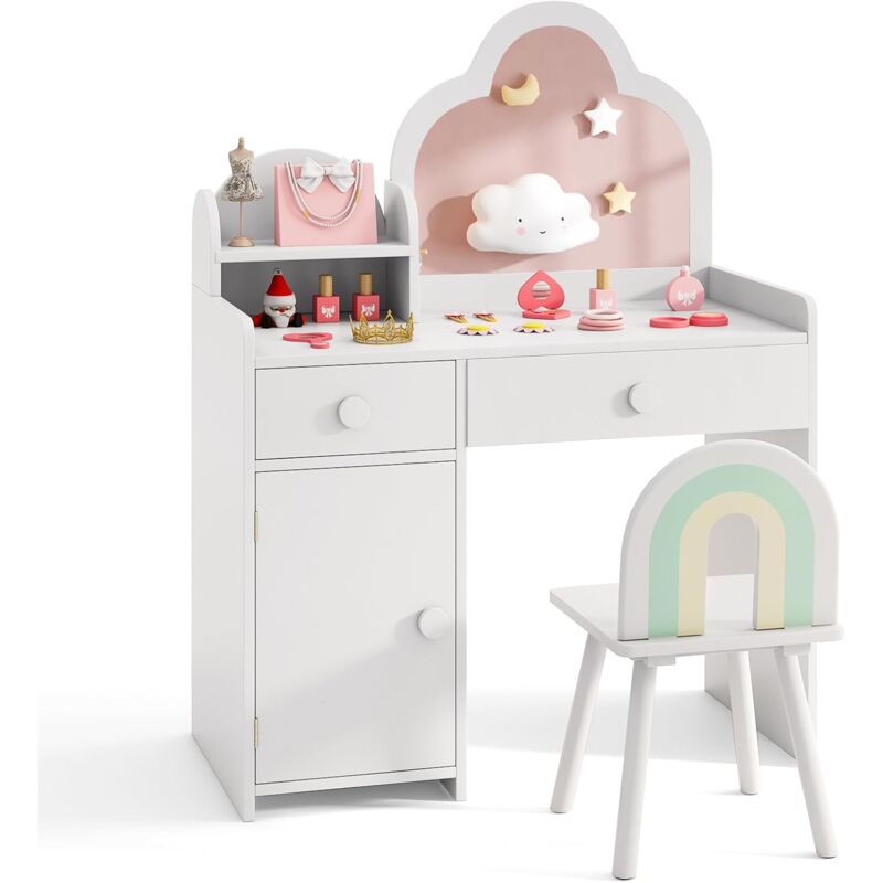 2 en 1 Bureau Enfant Fille avec Chaise & Miroir en Forme Nuage, Coiffeuse Enfants Fille avec Étagère & Tiroirs & Armoire Fermée, Dispositif