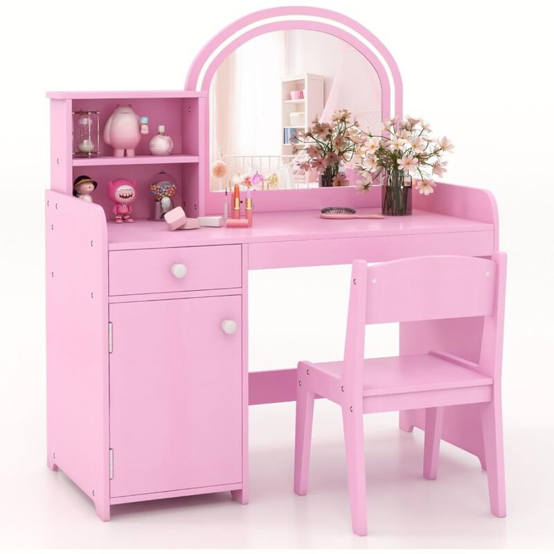 COSTWAY 2 en 1 Bureau Enfants avec Chaise & 120 Lumières LED, Coiffeuse Enfants Fille avec Miroir Acrylique, 2 Etagères & Tiroir, Dispositif