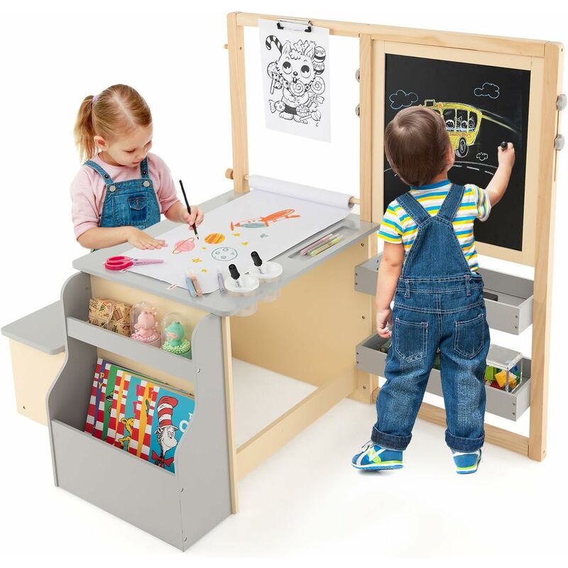 Costway – Bureau enfant 2 en 1 en bois avec banc et étagères – Tableau double face réglable – Rouleau de papier et 5 craies – Charge 50kg – Gris