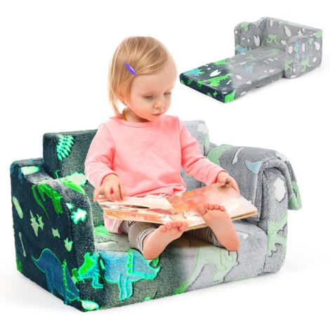 COSTWAY 2 en 1 Canapé-lit Enfant Brillant dans Le Noir avec Motif Dinosaure & Couverture, Fauteuil Enfant Convertible en Flanelle ave Housse Amovible & Lavable, Chaise Longue pour 3 Ans+ (Gris)