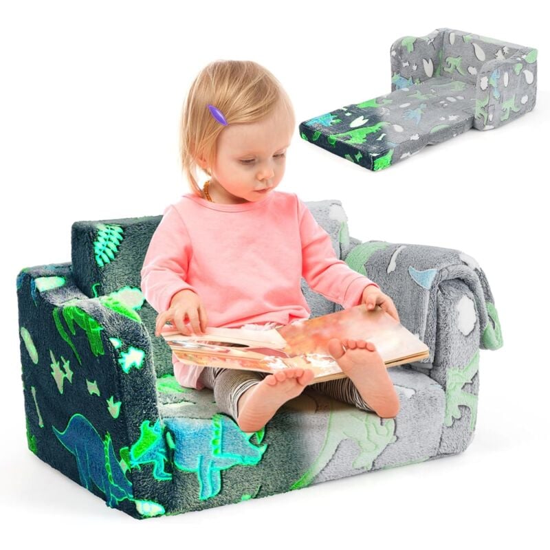Costway - 2 en 1 Canapé-lit Enfant Brillant dans Le Noir avec Motif Dinosaure & Couverture, Fauteuil Enfant Convertible en Flanelle ave Housse