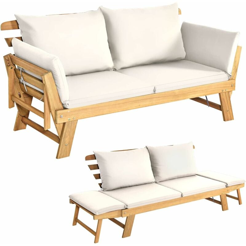 2 en 1 Chaise Longueen Bois d'Acacia Certifié fsc Convertible avec Coussin, avec Accoudoir Réglable, Méridienne Extérieure, 198 x 75 x 75 cm, Blanc