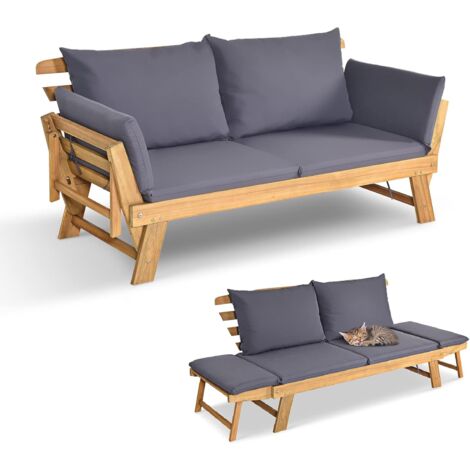 COSTWAY 2 en 1 Chaise Longue Convertible en Bois d'Acacia Certifié FSC avec Coussin, avec Accoudoir Réglable, Méridienne Extérieure, 198 x 75 x 75 cm, Gris