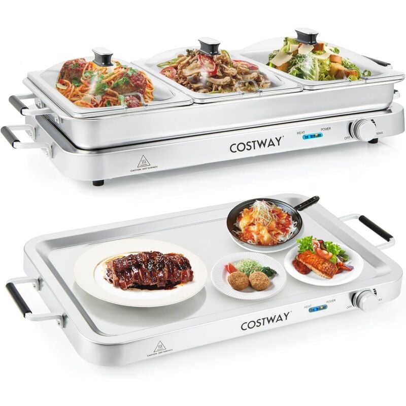 2 en 1 Chauffe-Plats Électrique 450 w, en Acier Inoxydable, 3 Récipients 3 x 3L, Chafing Dish, Contrôle de la Température 50-120 °c, pour Buffet,