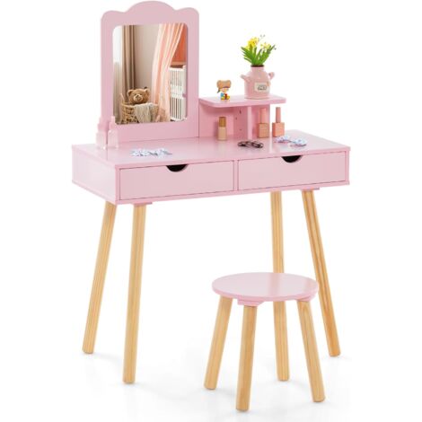 COSTWAY 2 en 1 Coiffeuse Enfant avec Miroir Rectangulaire Amovible & Tabouret Mignon, Table de Maquillage Princesse avec 2 Grands Tiroirs & Étagère, Charge 20/40kg pour Enfants de 3-7 Ans