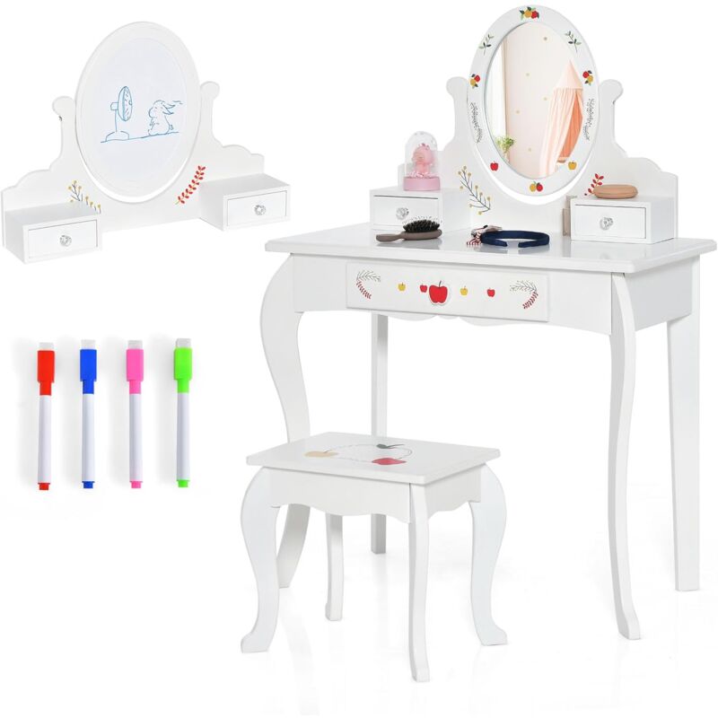 2 en 1 Coiffeuse Enfants avec Miroir Rotatif à 360° et Double Face, Table de Maquillage avec Tabouret & Tiroir, 4 Marqueurs, Dispositif