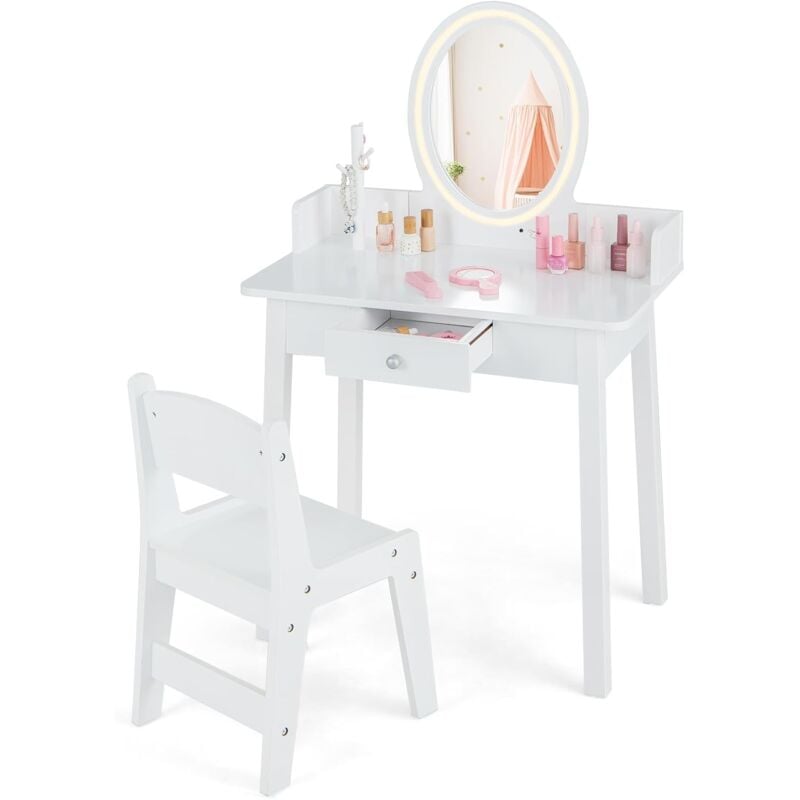 2 en 1 Coiffeuse Enfants avec Tabouret & Miroir Amovible, Table de Maquillage avec Tiroir & Organisateur en Forme Arbre, Dispositif Anti-basculement,