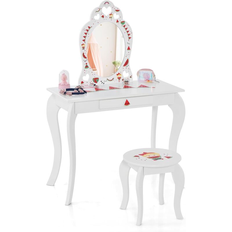 2 en 1 Coiffeuse Enfants avec Tabouret & Miroir Princesse Amovible, Table de Maquillage avec Tiroir & Motif de Pastèque, Dispositif Anti-basculement,