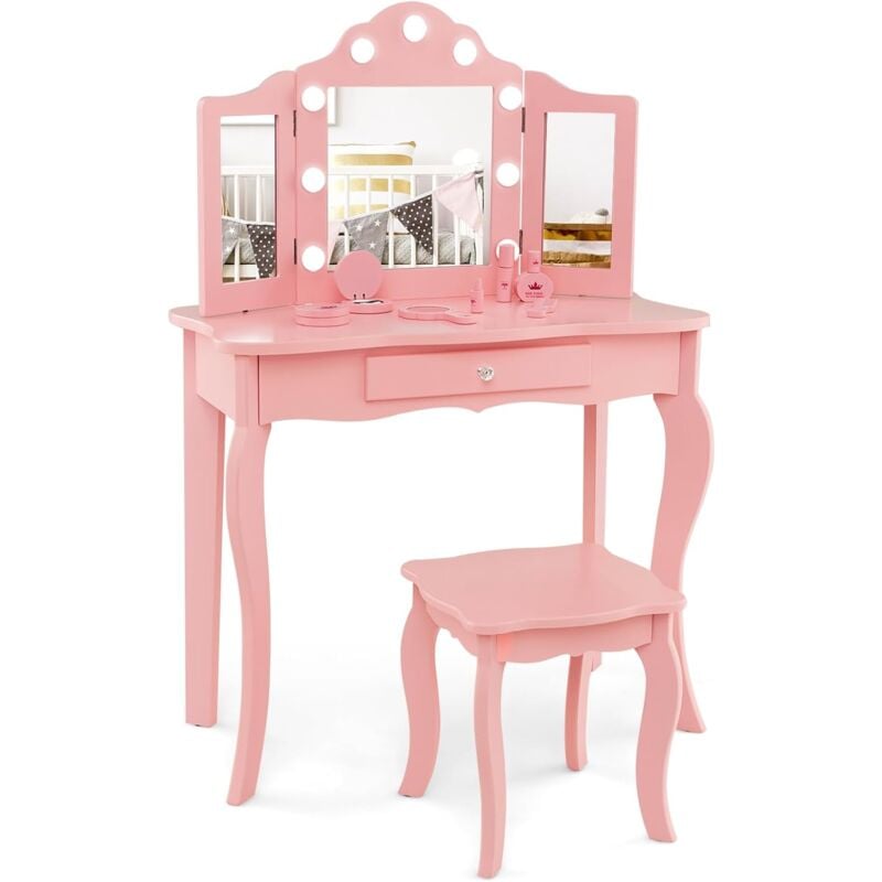 2 en 1 Coiffeuse Enfants et Tabouret avec Miroir Amovible à Trois Volets & Lumières led, Table de Maquillage Princesse avec Tiroir de Rangement,