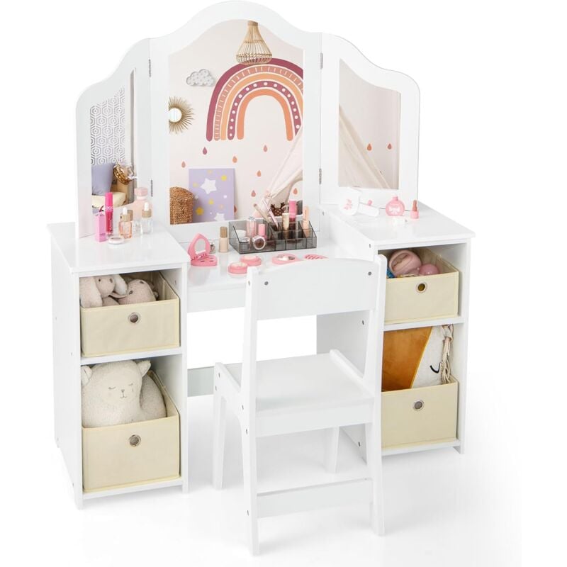 2 en 1 Coiffeuse et Chaise Enfants avec Miroir Amovible à Trois Volets, Table de Maquillage Princesse avec 4 Compartiments et Bacs de Stockage,