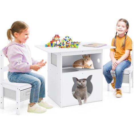 COSTWAY 2 en 1 Table Enfant avec 2 Chaises et Niche pour Chat, Table de Jeux Enfant avec Trou en Forme de Chat, Bacs Amovibles en Tissu, Charge 50/75 kg pour Garçons et Filles de 3+ Ans