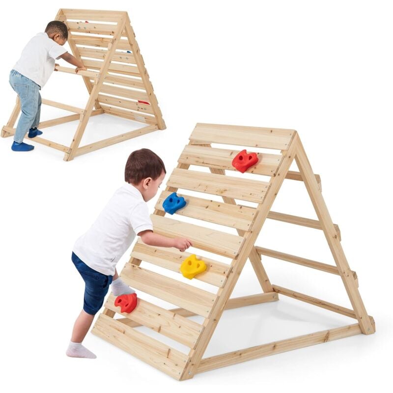 2 en 1 Triangle d'Escalade Montessori Enfant avec Rochers Colorés, Échelle d'escalade Triangulaire en Bois de Sapin avec Structure Triangulaire,