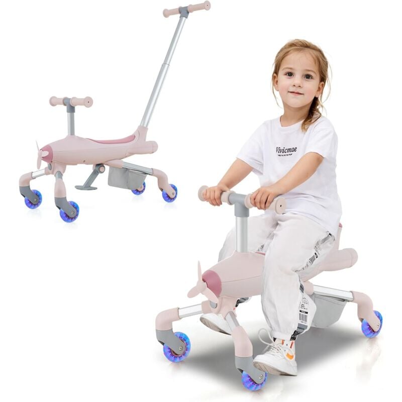 2 en 1 Tricycle Bébé Evolutif avec Putter Amovible & Réglable, Draisienne Vélo Bébé avec Roues en pu & Lumières led, Thème de l'Avion, Charge 50kg