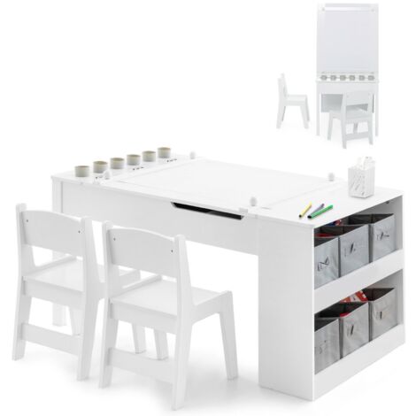 COSTWAY 2-in-1 Kids Art Table and Chairs Set Wooden Toddler Craft Easel Desk W/ Shelves