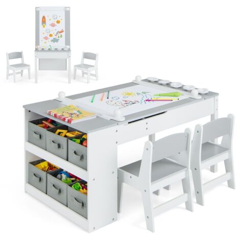 COSTWAY 2-in-1 Kids Art Table and Easel Set Toddler Play Activity Drawing Desk w/Chairs