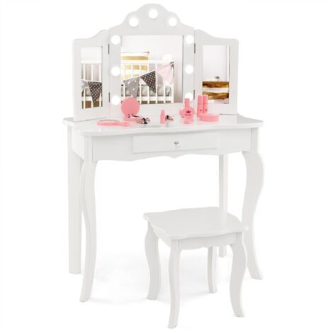 COSTWAY 2 in 1 Kids Vanity Table and Stool Set Makeup Dressing Table LED Lighted Mirror