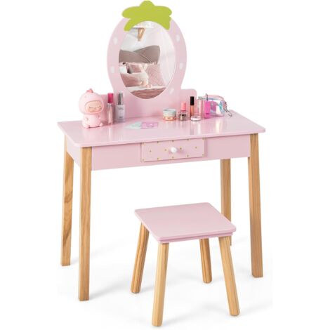 COSTWAY 2-in-1-Kinder-Schminktischset, Schminktisch aus Holz mit Hocker & erdbeerfoermigem Spiegel & Kaemme & Schublade, Kosmetiktisch für Kinder von 3–7 Jahren, Rosa