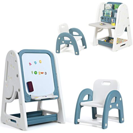 COSTWAY 2 in 1 Kinder Staffelei & Kindersitzgruppe mit Buecherregal, Kindertisch & -stuhl mit Aufbewahrungsablage und klappbarer Tischplatte, magnetische Standtafel mit Malzubehoer Blau