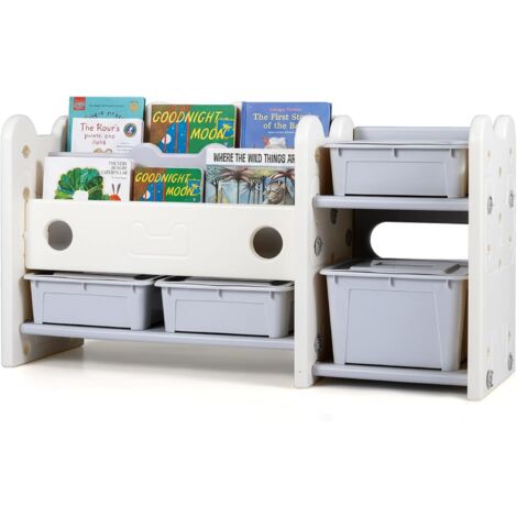 COSTWAY 2 in 1 Libreria per Bambini, 4 Scatole e 3 Ripiani, per Camera e Asilo114x36,5x63 cm