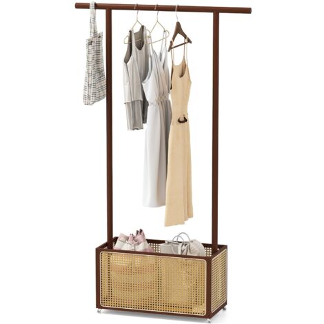 COSTWAY 2 in 1 Porta Abiti in Bambù, Appendiabiti con Cesto di Stoccaggio in Rattan, Stand AppendiAbiti con Ruote per Ingresso Soggiorno Camera da Letto
