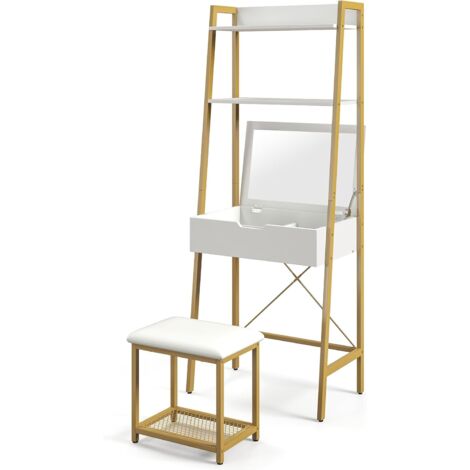 COSTWAY 2 in 1 Schminktisch mit Hocker, Frisiertisch mit Spiegel umkehrbar, Kosmetiktisch mit doppelten Ablagen & verstecktem Schrank, Schreibtisch, Make Up Tisch 60 cm x 39,5 cm x 164,5 cm