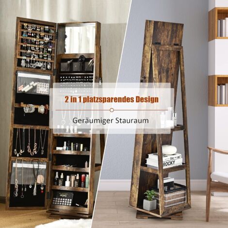 COSTWAY 2 in 1 Schmuckschrank & Leiterregal mit Ganzkoerperspiegel und kleinem Schminkspiegel, Schmuck Spiegelschrank abschliessbar und drehbar, Schmuckregal stehend Braun