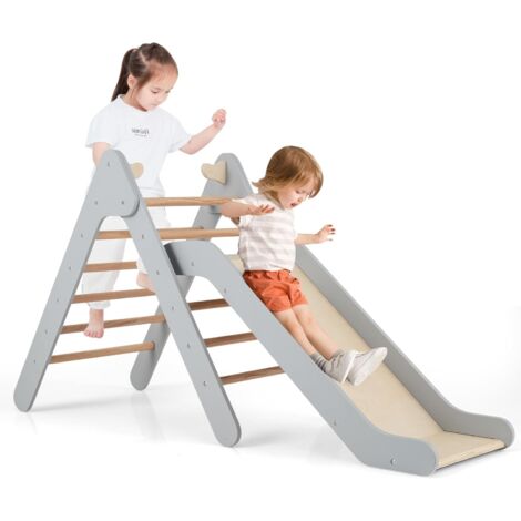 COSTWAY 2 in 1 Set da Arrampicata con Scivolo per Bambini, Triangolo di Arrampicata in Legno Regolabile a Gradi, Giocattolo per Arrampicarsi all’Interno, 1 Anno+ (Grigio)