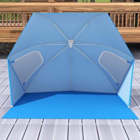 COSTWAY 2-In-1 Sun Umbrella Convertible Beach Tent for 2-4 People w/Roll-Up Windows
