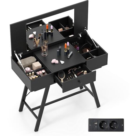 COSTWAY 2 in 1 Tavolo da Trucco Pieghevole, Tavolo da Toeleta con Specchio a Ribalta, Stazione di Ricarica, 6 Scomparti, Cassetto, Piano di Lavoro, per Soggiorno Camera da Letto (Nero)