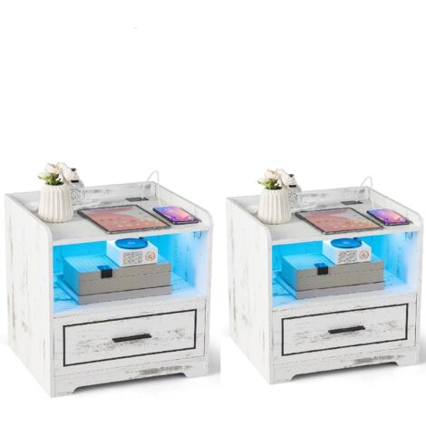 COSTWAY 2 Mesa de Noche LED, Mesita de Noche Inteligente con 1 Puerto USB y 1 Type C, Estante y Cajón, 3 Colores de Luz, Iluminación Ajustable, Inducción del Cuerpo Humano, 45 x 40 x 50cm (blanco)
