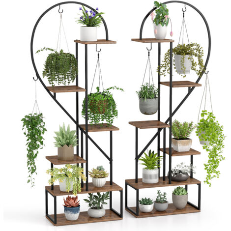 COSTWAY 2 Pack 6-Tier Metal Plant Stand Heart-Shape Ladder Plant Shelves-Brown