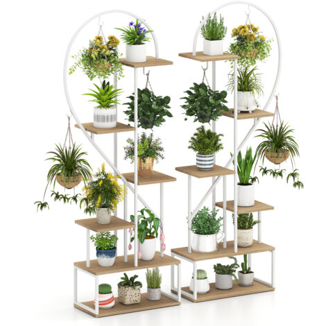 COSTWAY 2 Pack 6-Tier Metal Plant Stand Heart-Shape Ladder Plant Shelves-Natural
