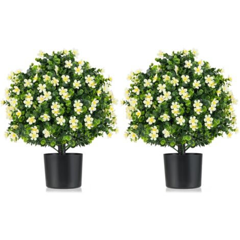 COSTWAY 2 Pack Artificial Boxwood Topiary Ball Tree Faux Shrub Bushes-White