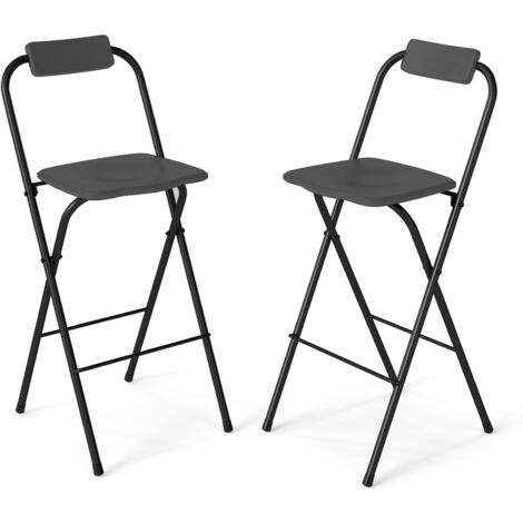 COSTWAY 2 Pack Outdoor Barstools Foldable Patio Chairs with Backrest Metal Frame Grey