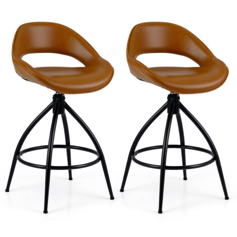 COSTWAY 2 Pack Swivel Bar Stools Brown Faux Leather with Backrest Footrest 24" Counter Height