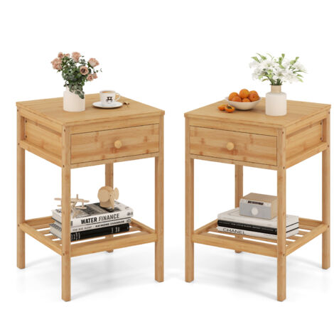 COSTWAY 2 Pcs Bamboo Nightstand Bedside Table with Storage Drawer-Natural
