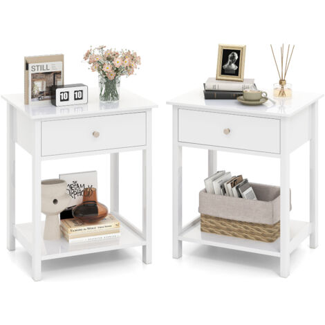 COSTWAY 2 Pcs Nightstand 2-Tier Bedside Sofa Table w/Storage Shelf-White