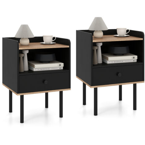 COSTWAY 2 Pcs Nightstand Bedside Table with Drawer & Open Storage Shelf-Black