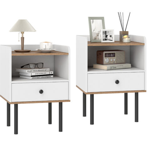 COSTWAY 2 Pcs Nightstand Bedside Table with Drawer & Open Storage Shelf-White
