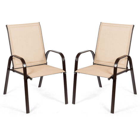 COSTWAY 2 Pcs Patio Dining Chairs Bistro Chairs W/Curved Armrests-Coffee