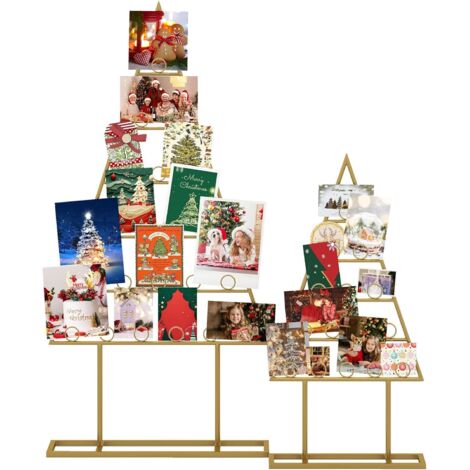 COSTWAY 2 PCS Presentoir Carte Postale, 15+21 Pinces Rond, Support Photo de Style Sapin de Noël, Tourniquet Carte Postale en Métal, Decoration Noel Interieur pour Maison Bureau École, Or