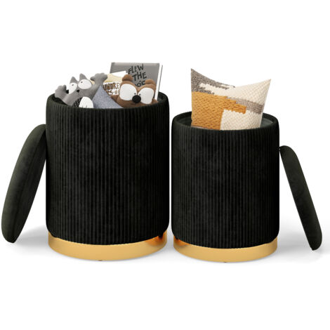 COSTWAY 2 Pcs Velvet Round Footstools Nesting Storage Ottoman-Black