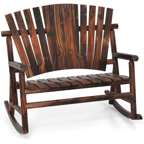COSTWAY 2-Person Adirondack Rocking Chair Solid Wood Patio Bench Loveseat-Brown