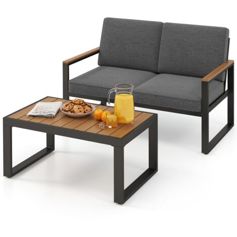 COSTWAY 2 Piece Patio Aluminum Furniture Set Outdoor Conversation Set-Gray